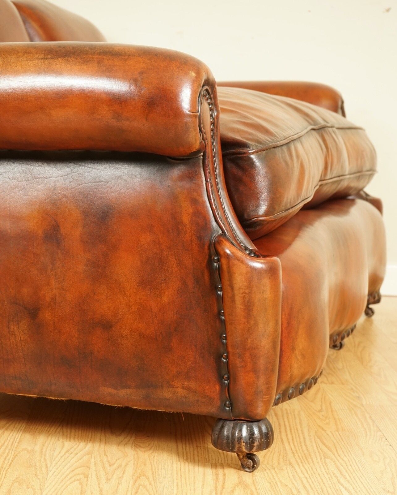photo for sale Fully Restored Hand Dyed Whisky Brown Edwardian Sofa With Feather Filled Cushion