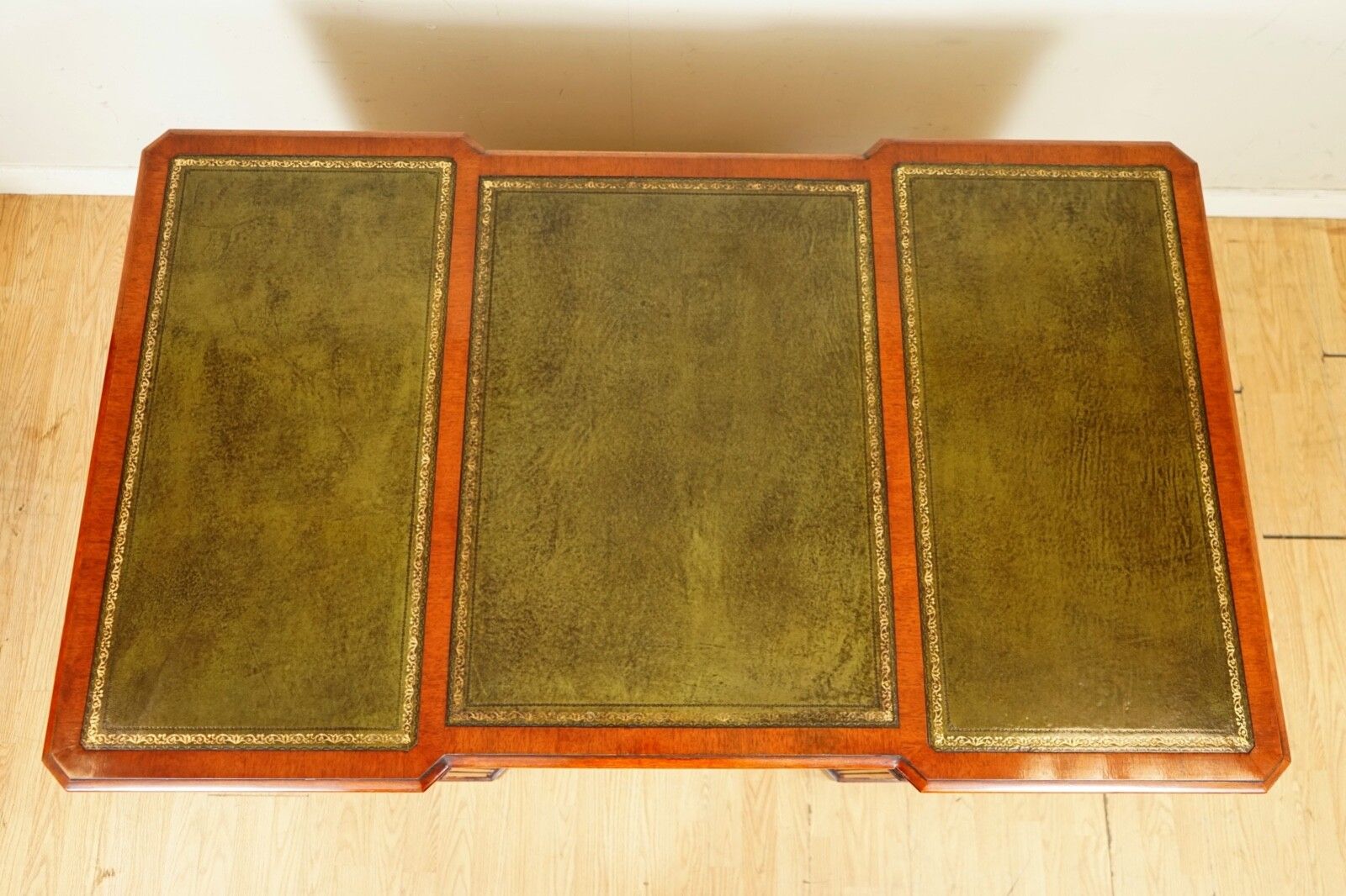 E.G Hudson Fully Restored Twin Pedestal Mahogany Desk With Green Leather Top photo vinterior