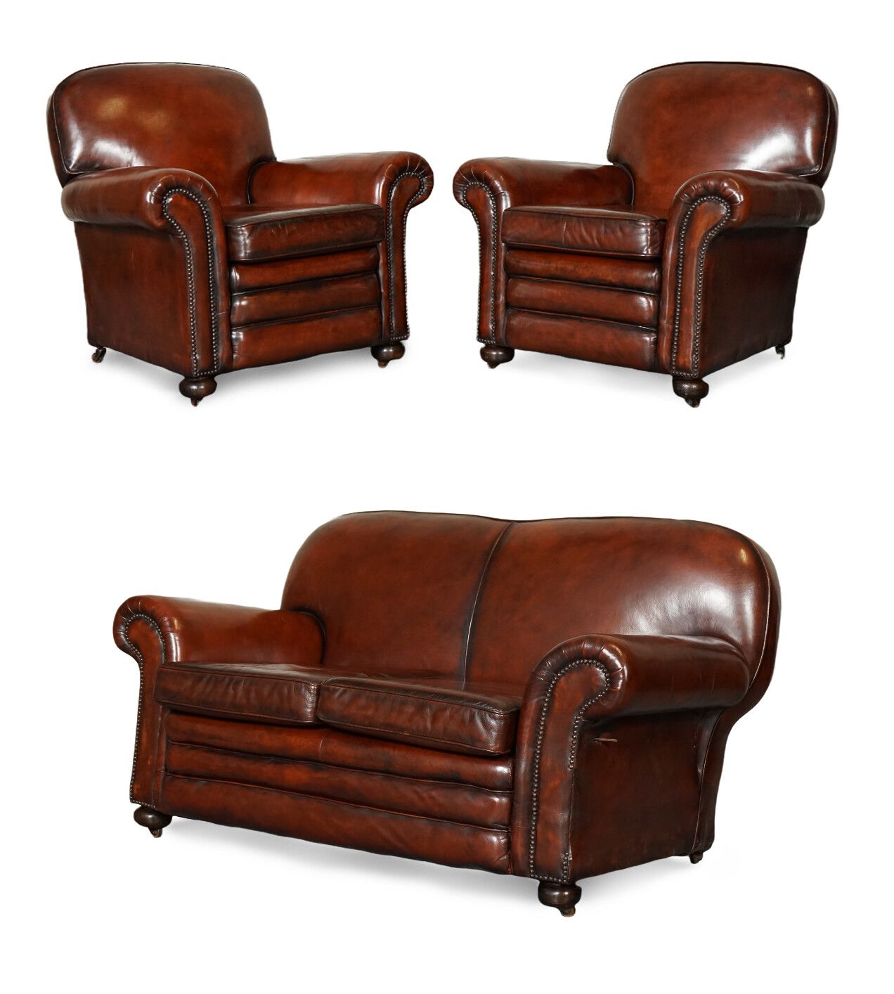 Restored Victorian Maroon Dyed Leather Suite Club Armchairs Gentleman Club Sofa