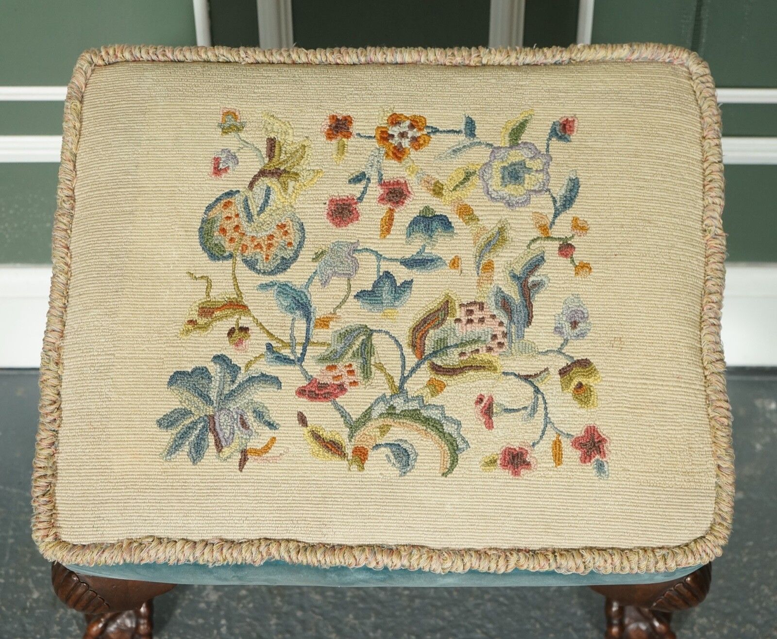 photo for sale Fine Late Victorian Flower Upholstery Claw And Ball Foot Stool
