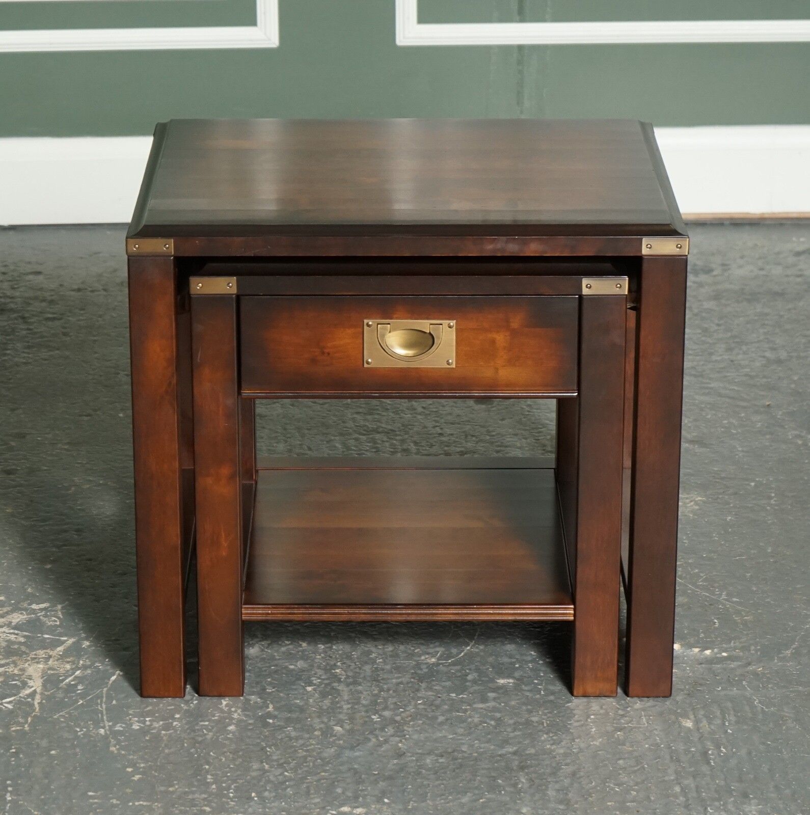 Vintage Mahogany & Brass Military Campaign Nest Of Tables With Drawer photo 850.0