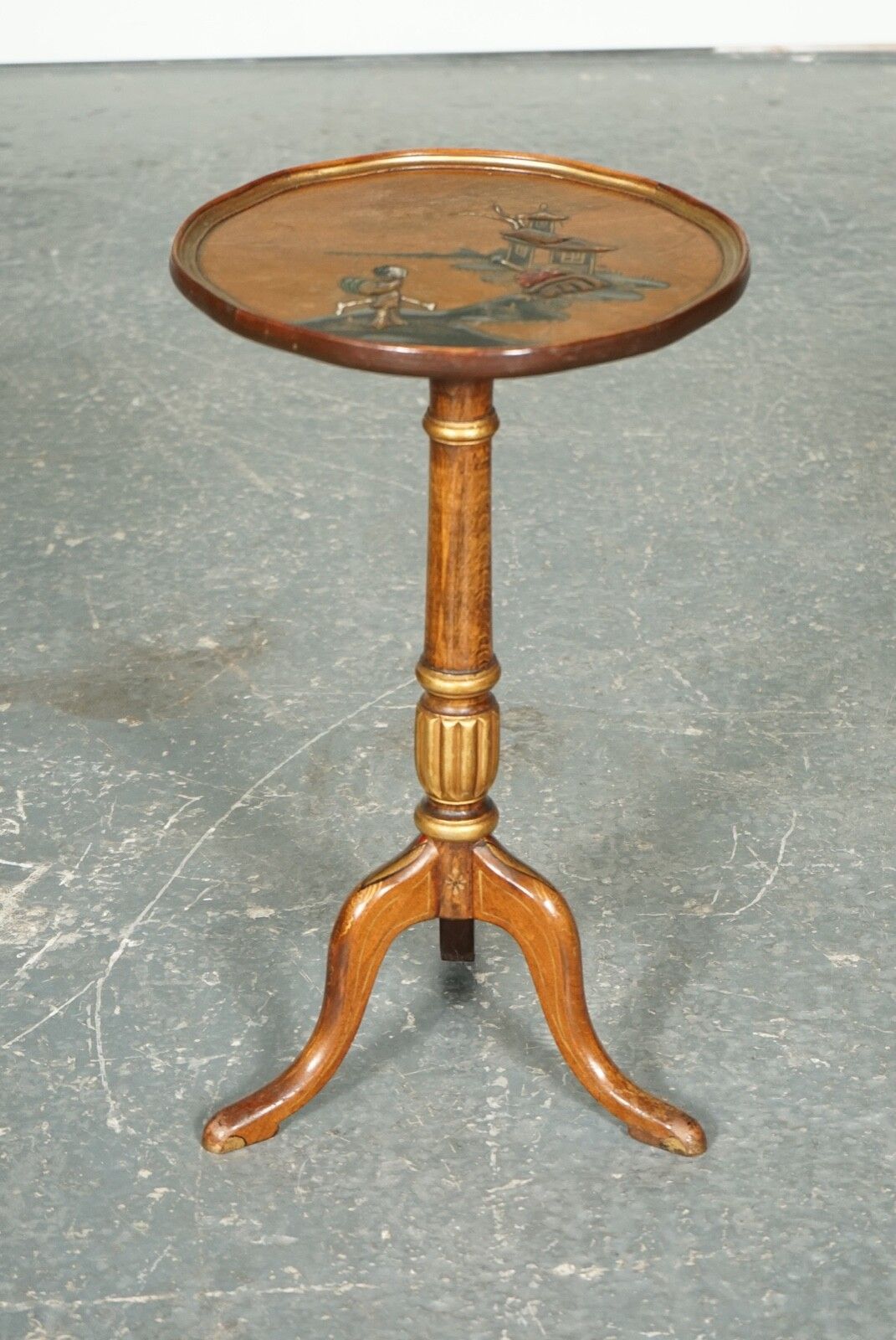 Vintage Oriental Chinoiserie  Ebonised Hand Painted Pedestal Side End Lamp Table photo for sale