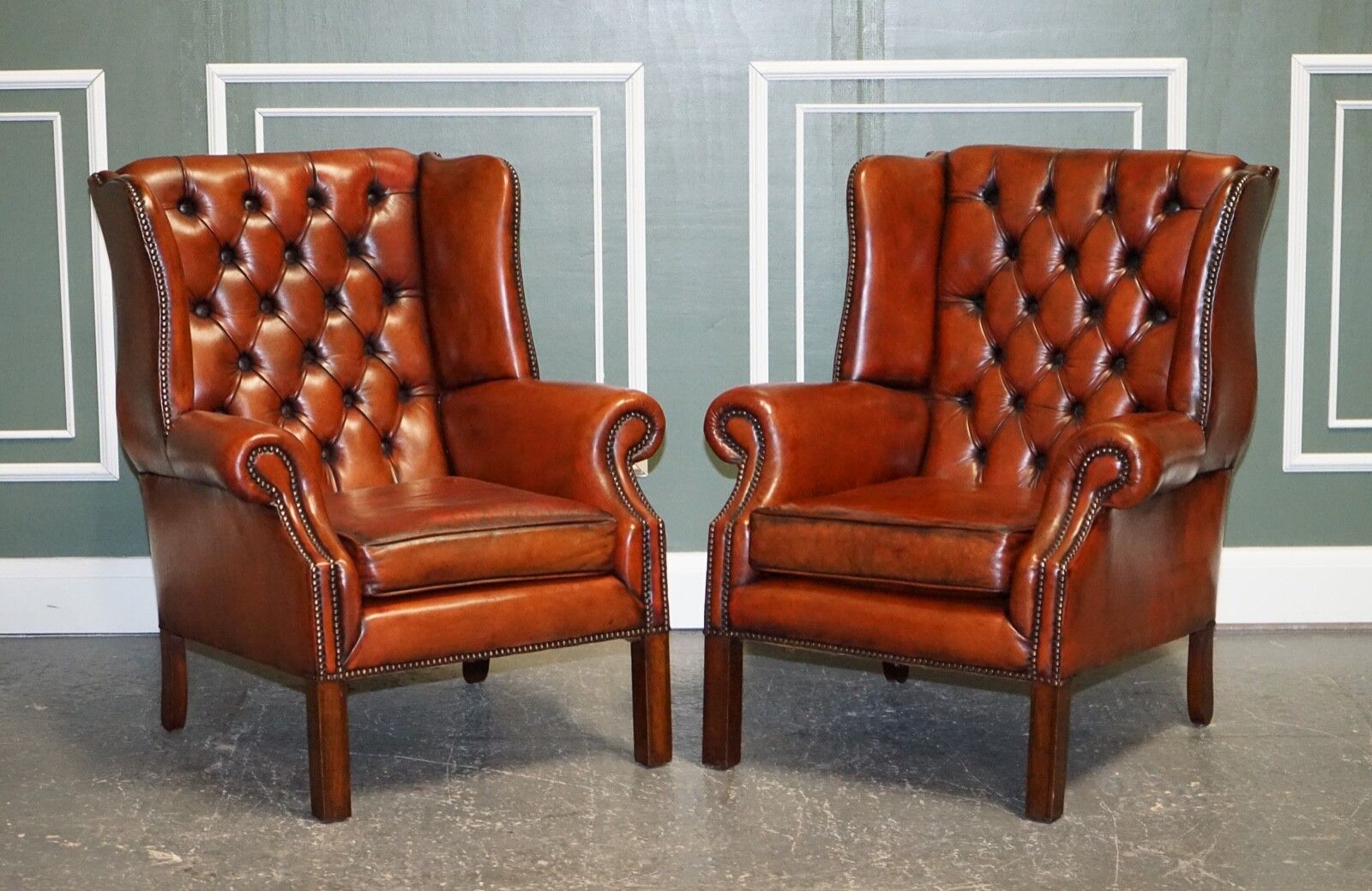 Stunning Pair Of Burgundy Brown Leather Hand Dyed Wingback Chairs photo furniture