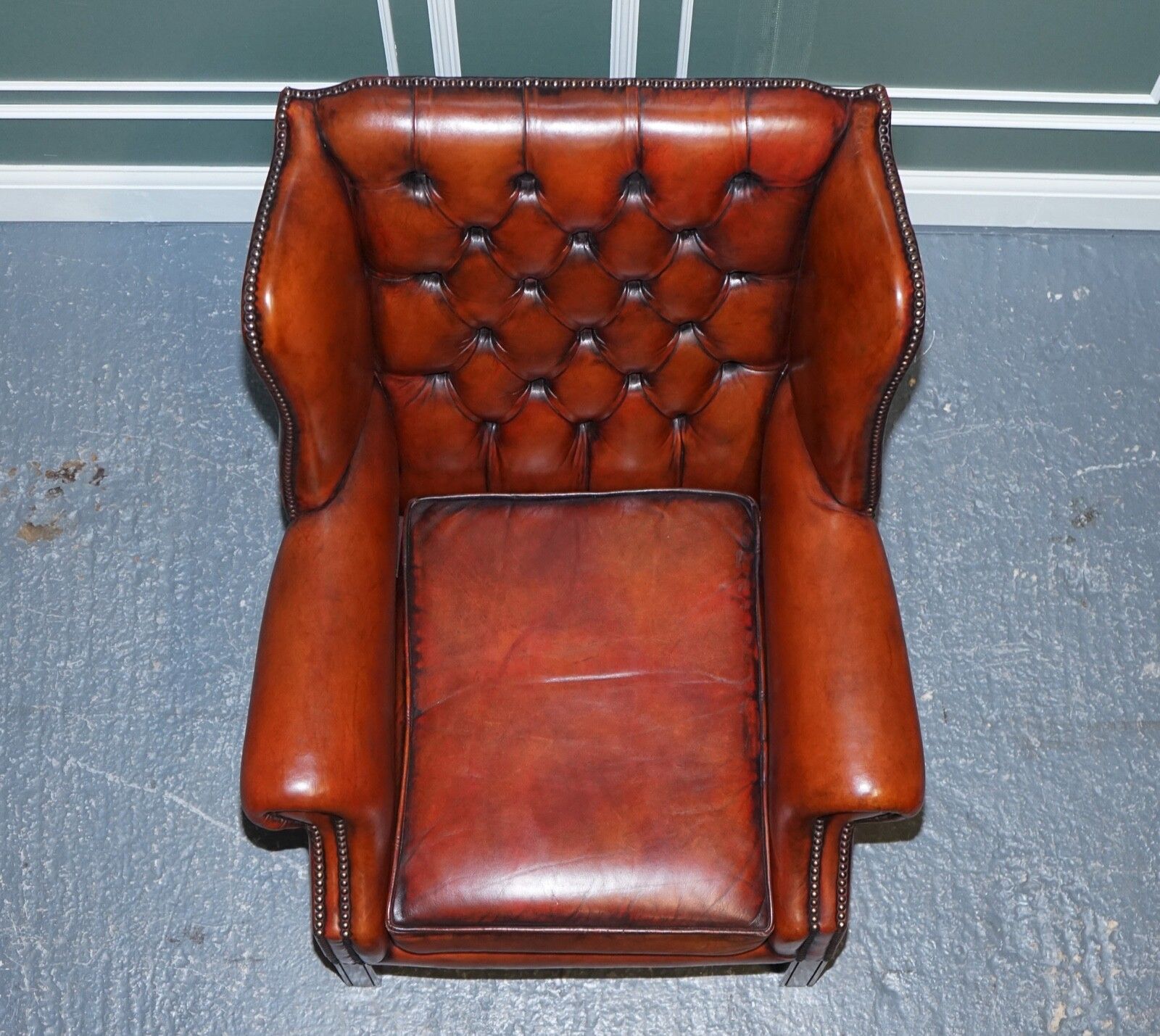 Stunning Pair Of Burgundy Brown Leather Hand Dyed Wingback Chairs photo vinterior