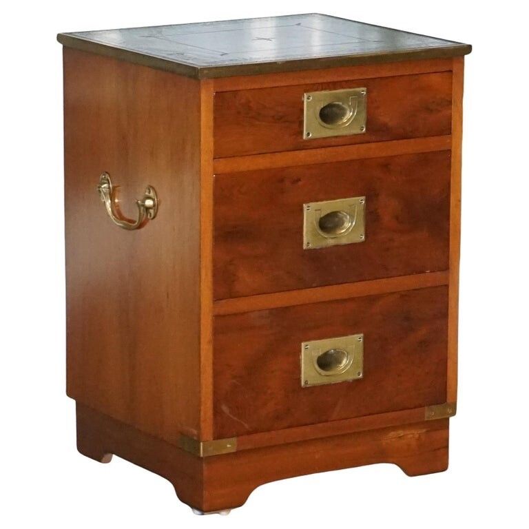 Military Campaign Bedside Nightstand End Table Green Leather Top
