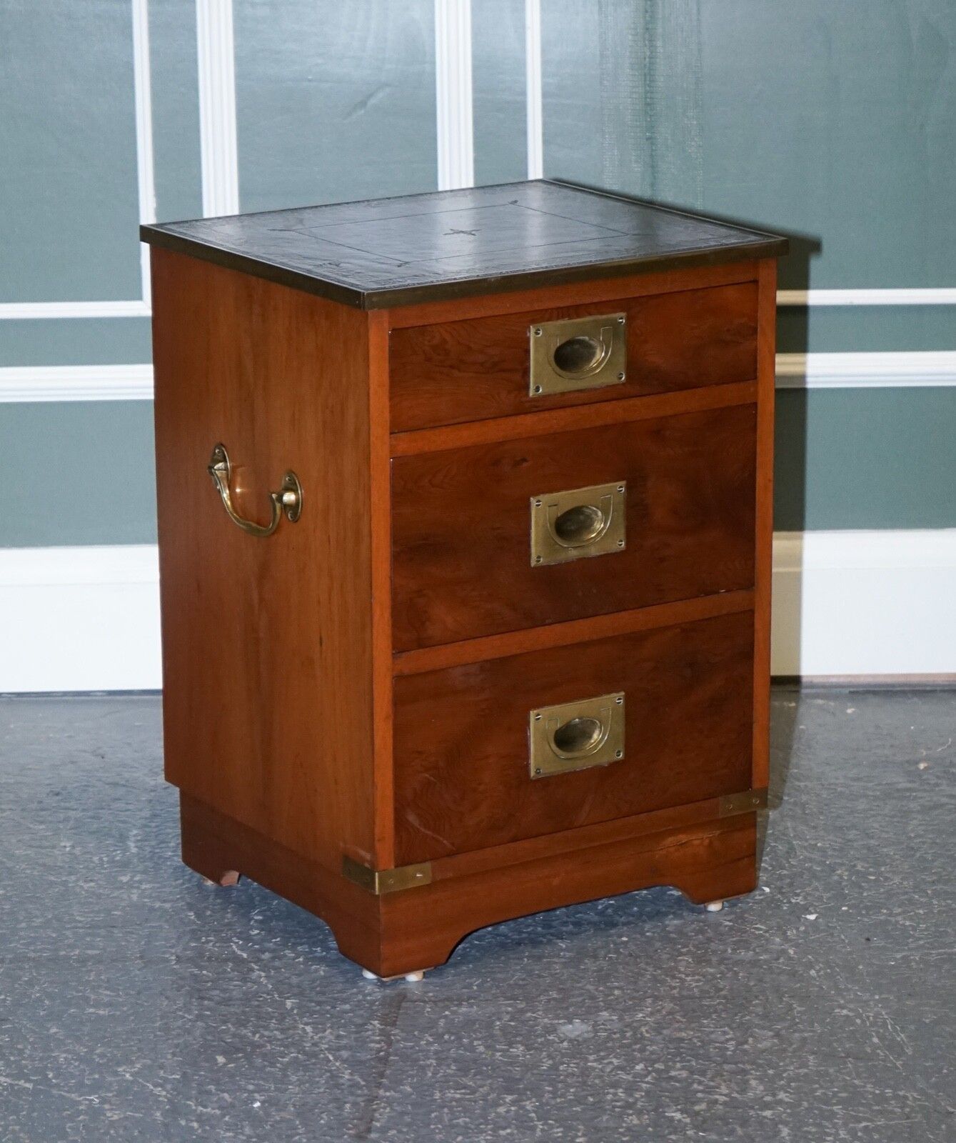 Military Campaign Bedside Nightstand End Table Green Leather Top photo for sale