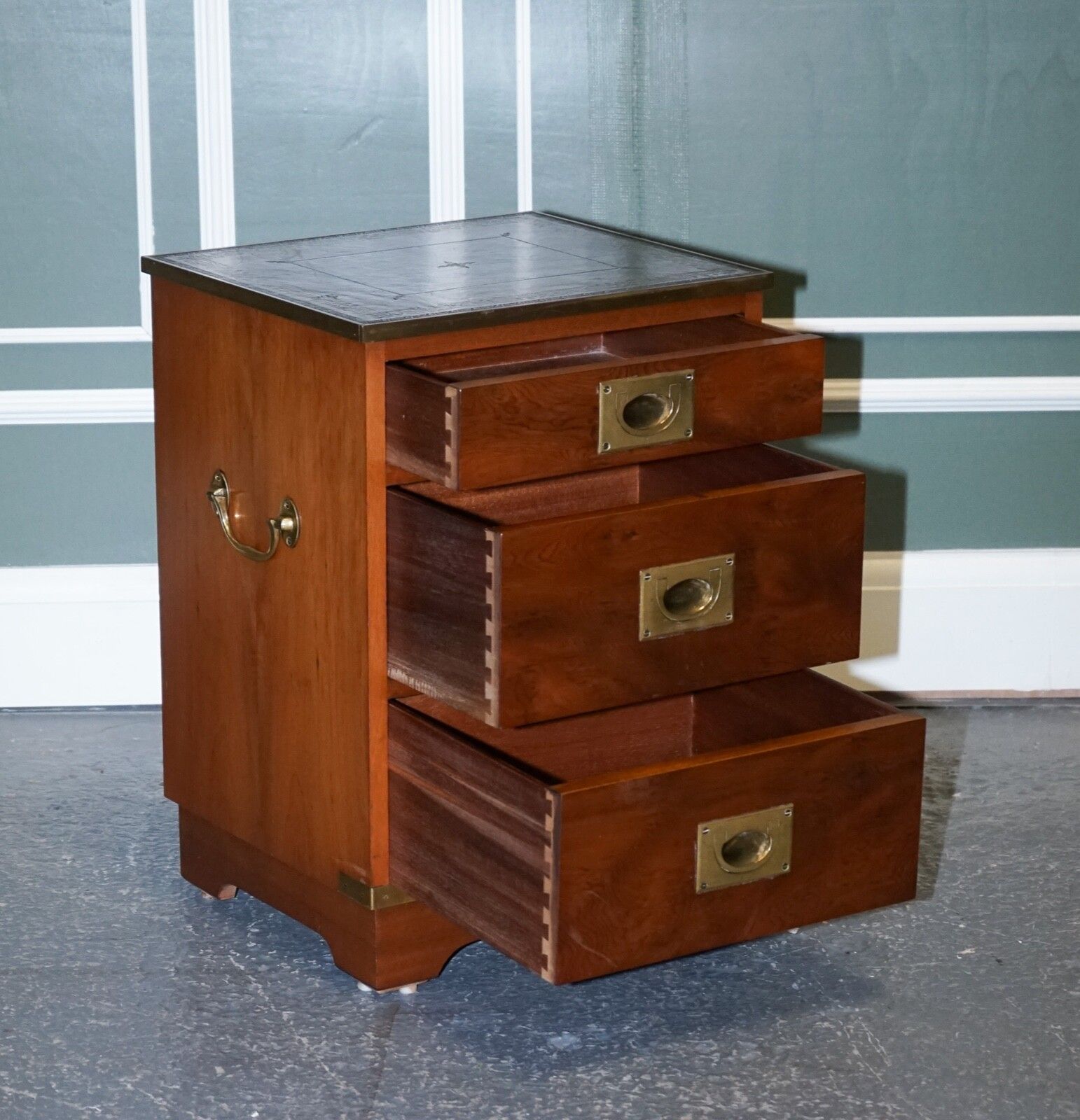 Military Campaign Bedside Nightstand End Table Green Leather Top photo Furniture