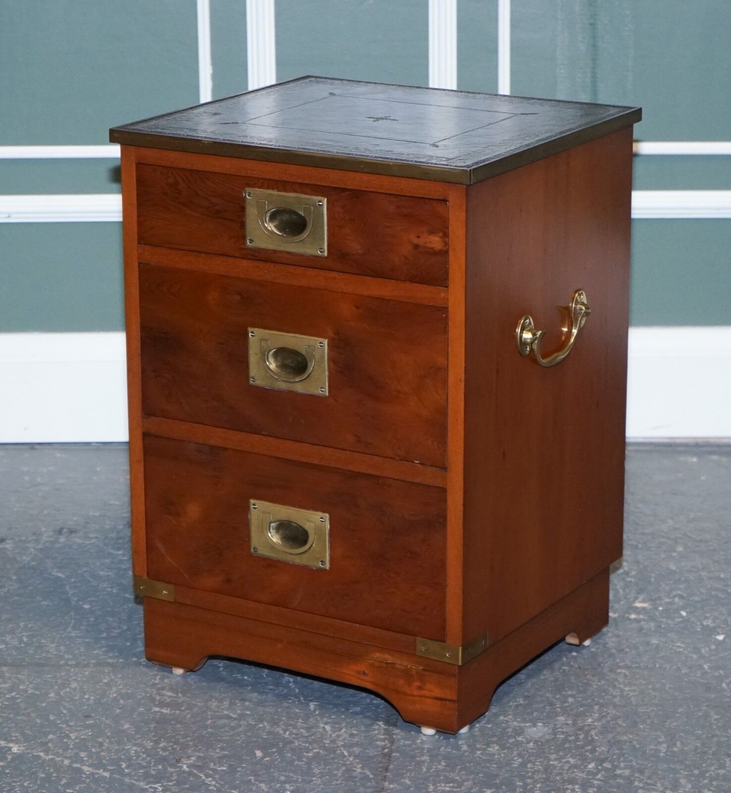 Military Campaign Bedside Nightstand End Table Green Leather Top photo 650.0