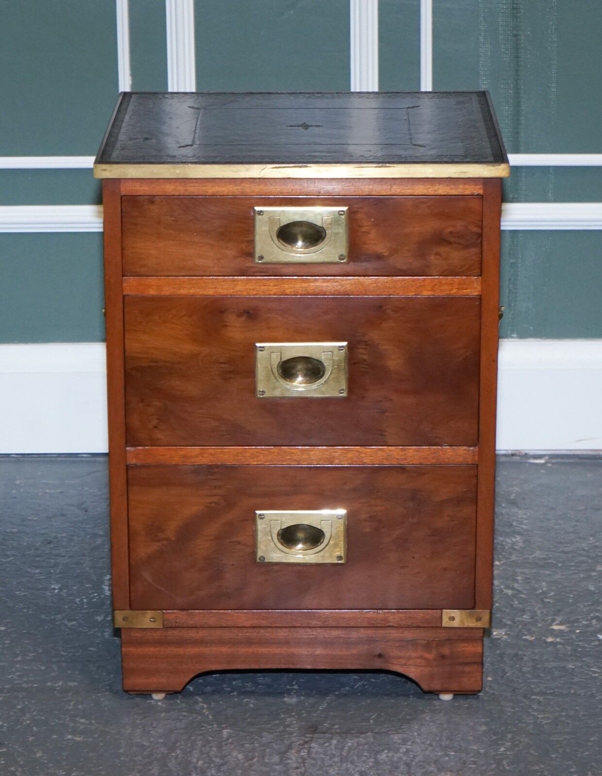 Military Campaign Bedside Nightstand End Table Green Leather Top photo vinterior