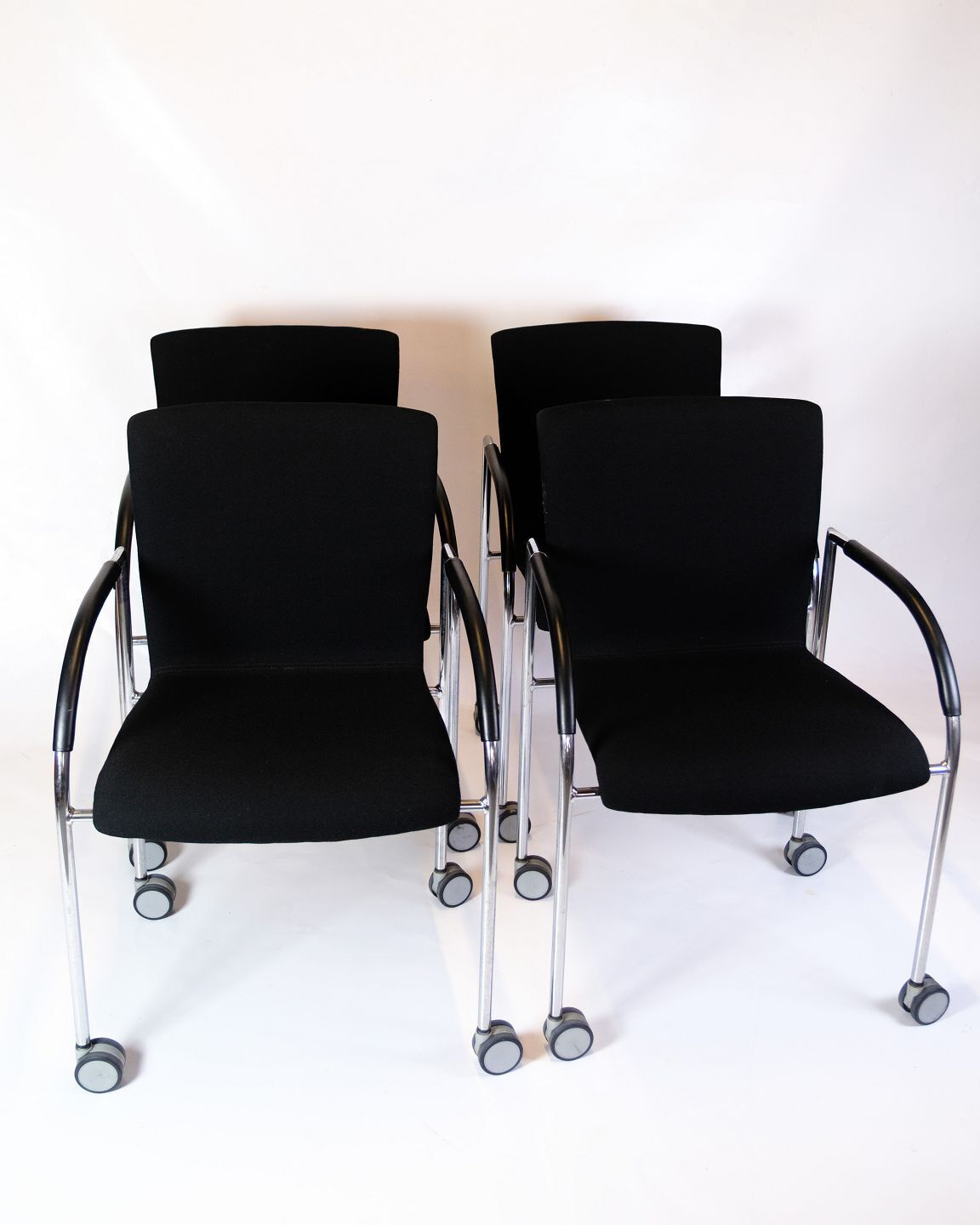 Set Of Four Conference Chair In Black Fabric On Wheels, Danish Design