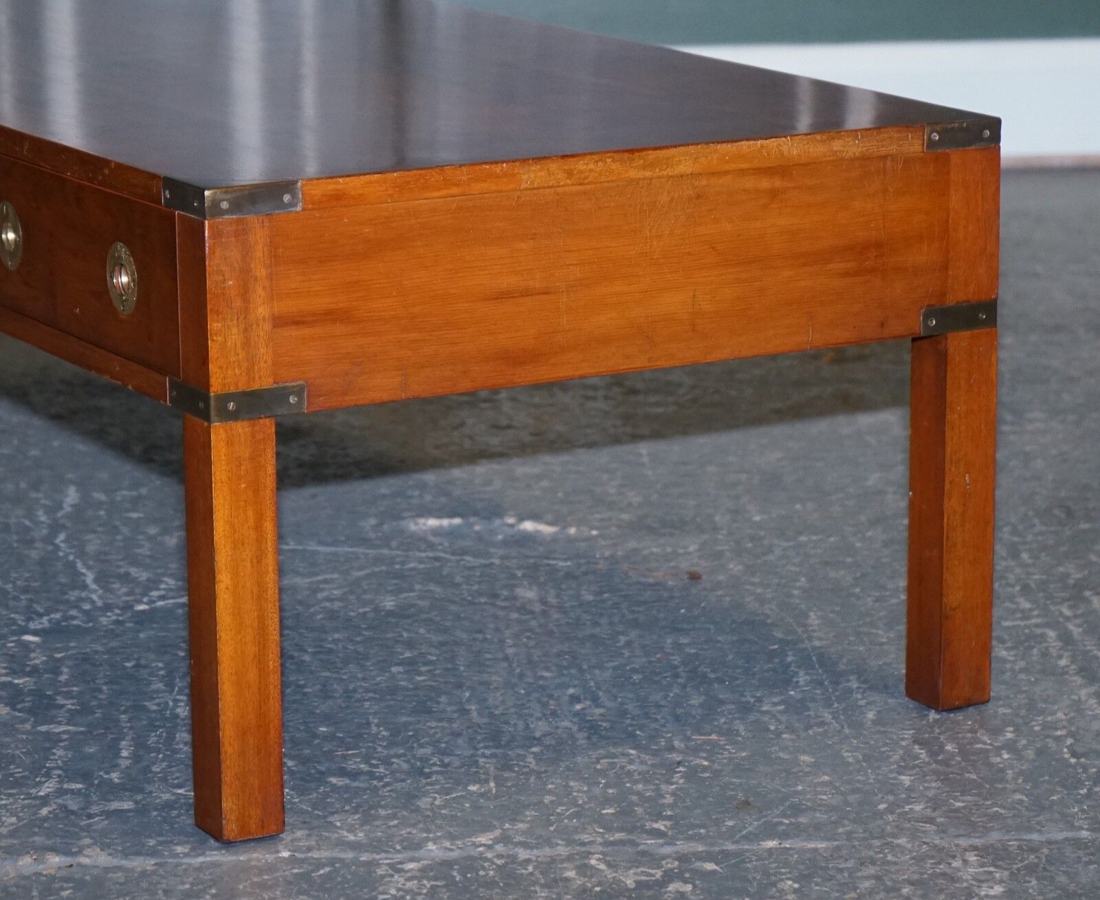 Restored Burr Yew & Elm Brass Military Campaign 3 Drawer Coffee Table photo vintage