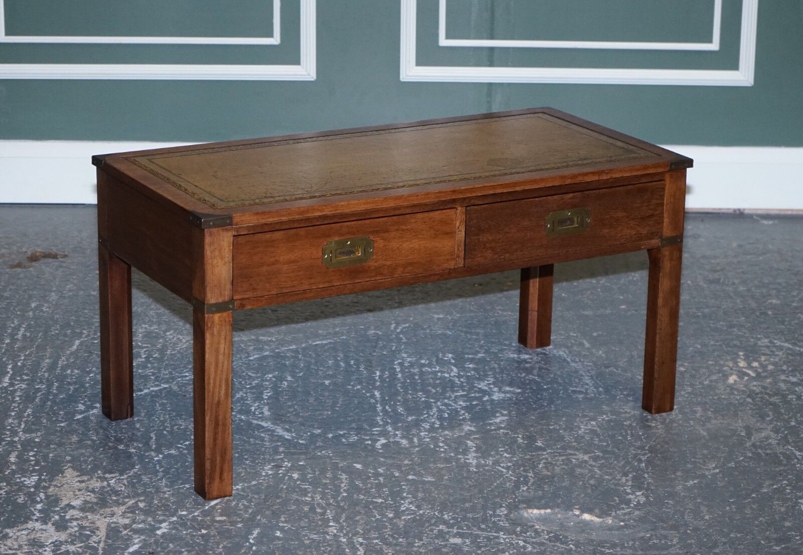Harrods London Kennedy Military Campaign Coffee Table With Brown Leather Top photo Furniture