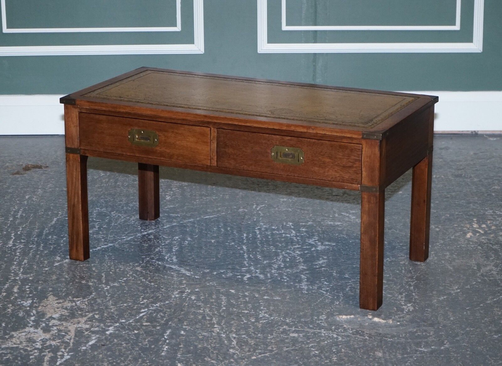 Harrods London Kennedy Military Campaign Coffee Table With Brown Leather Top photo vinterior