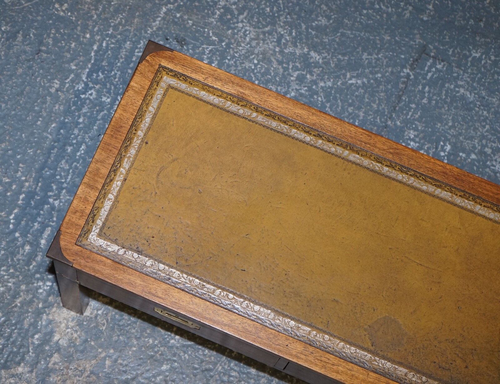 Harrods London Kennedy Military Campaign Coffee Table With Brown Leather Top photo vintage