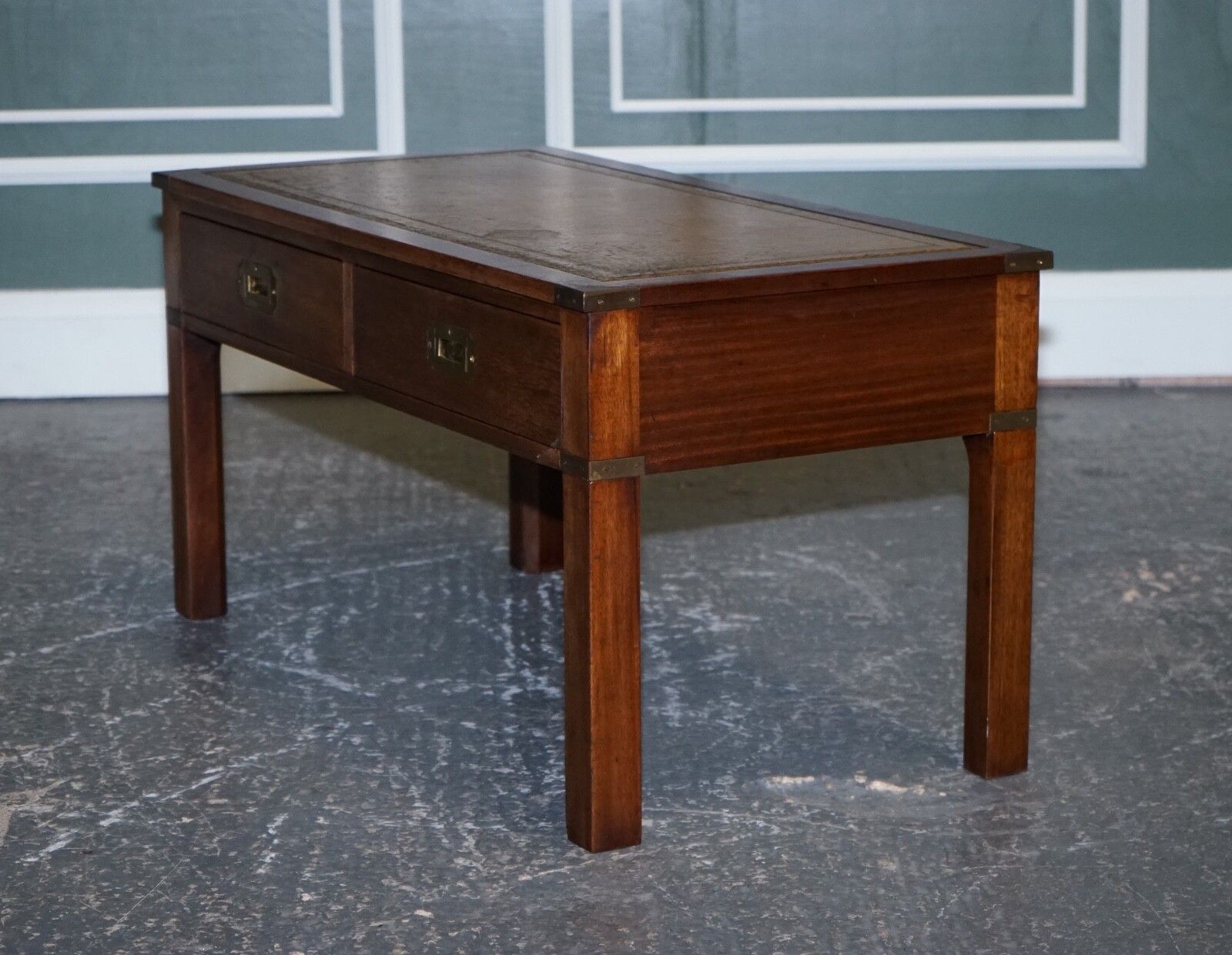 950.0 Harrods London Kennedy Military Campaign Coffee Table With Brown Leather Top photo