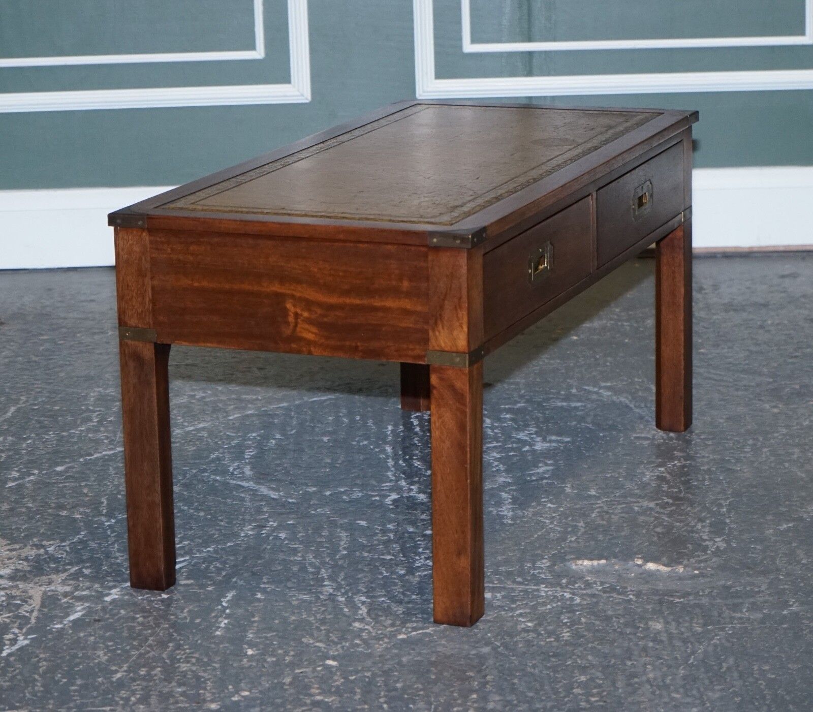 photo vinterior Harrods London Kennedy Military Campaign Coffee Table With Brown Leather Top