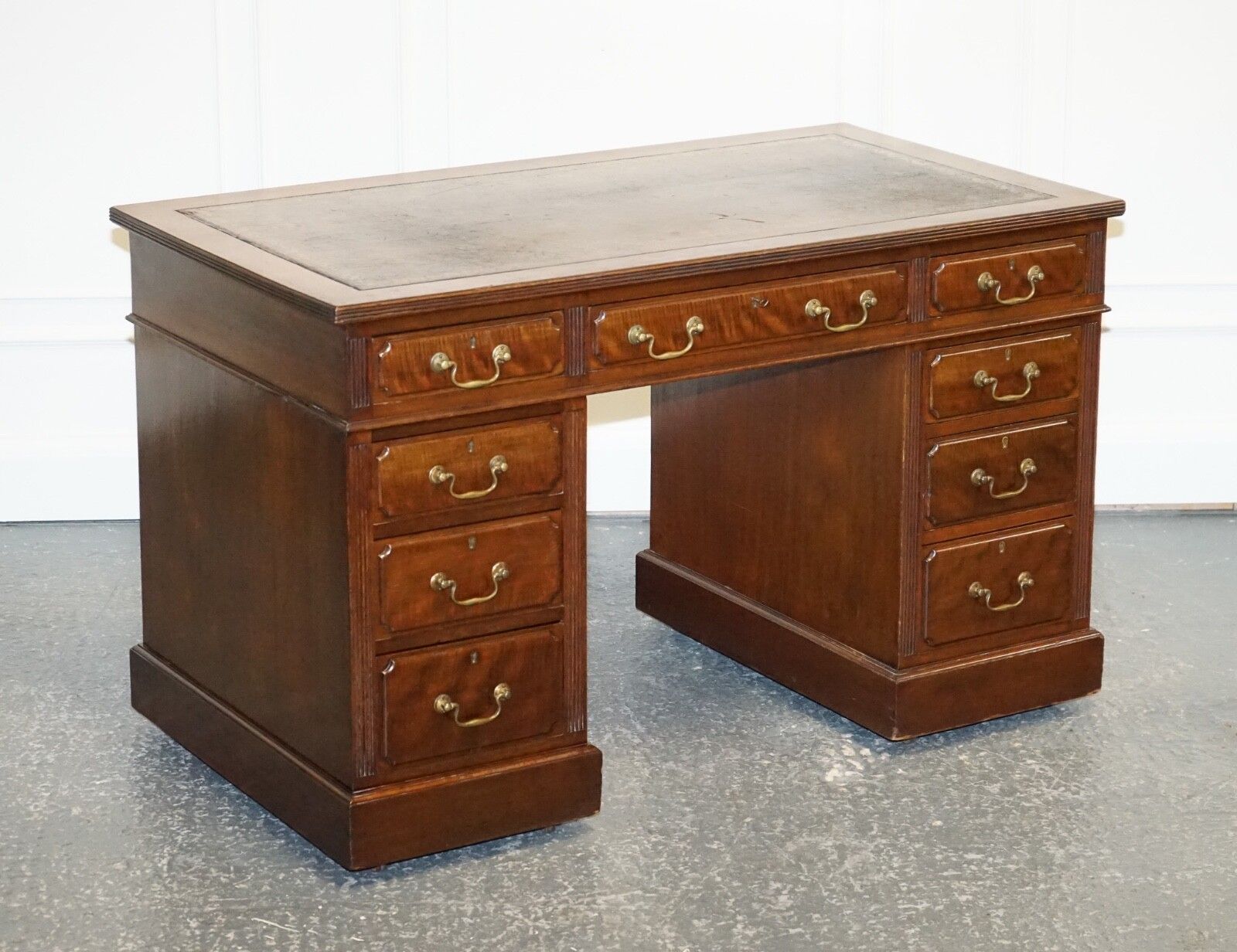 Edwardian Maple & Co Pedestal Writing Desk Distressed Brown Embossed Leather photo furniture