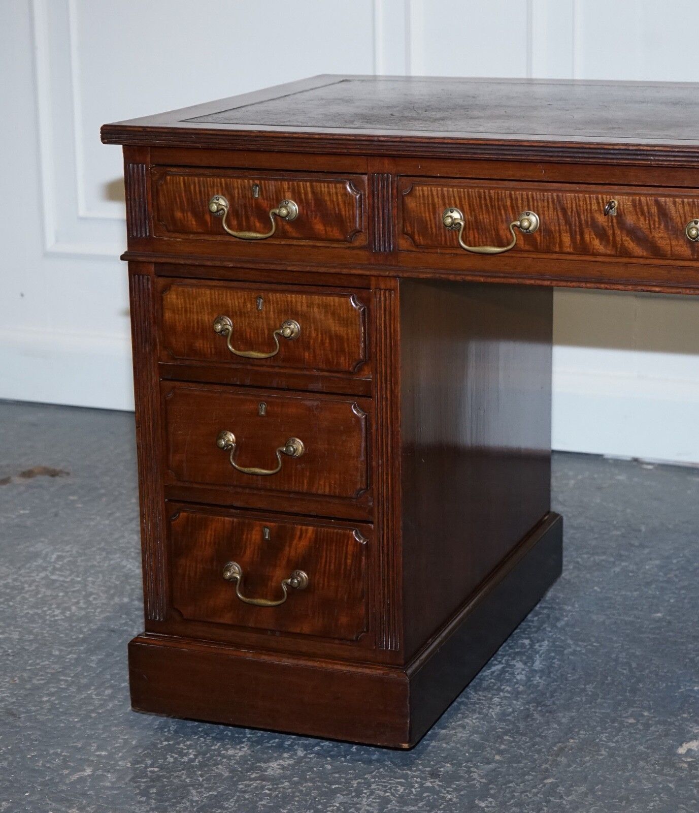Edwardian Maple & Co Pedestal Writing Desk Distressed Brown Embossed Leather photo 2750.0