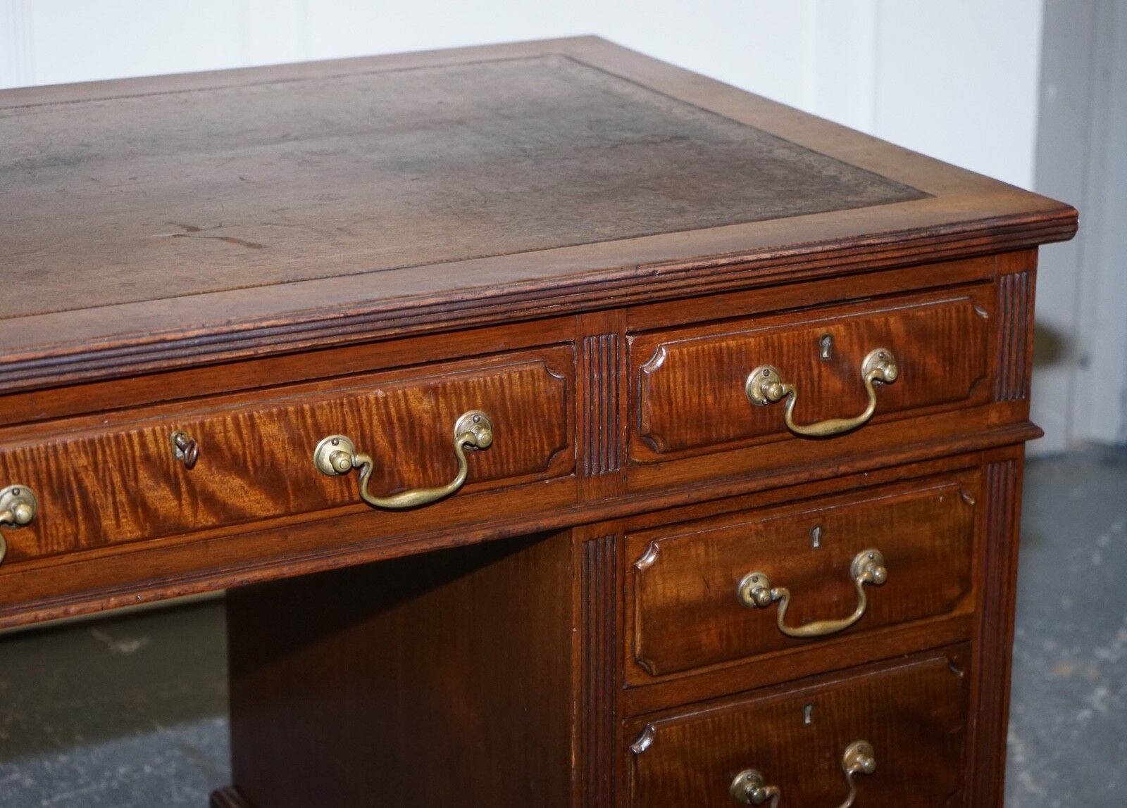 Edwardian Maple & Co Pedestal Writing Desk Distressed Brown Embossed Leather photo vintage