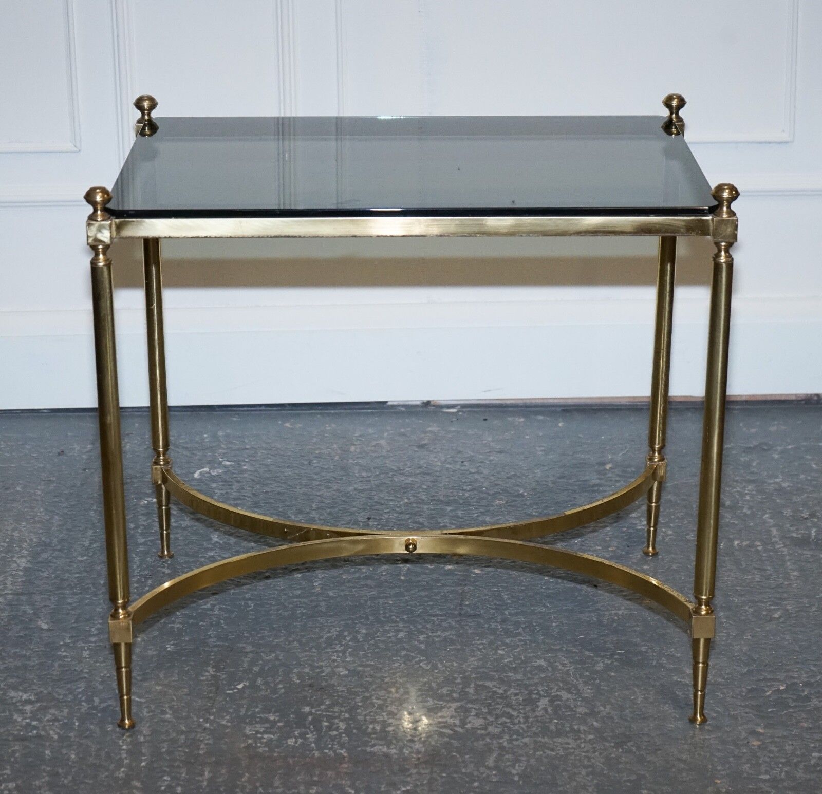 French Hollywood Regency 1960s Brass & Smoked Glass Coffee Table photo for sale