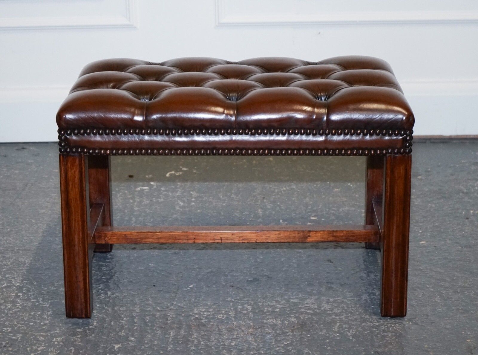 Vintage Fully Restored Chesterfield Hand Dyed Brown Leather Tuffed Footstool photo vinterior