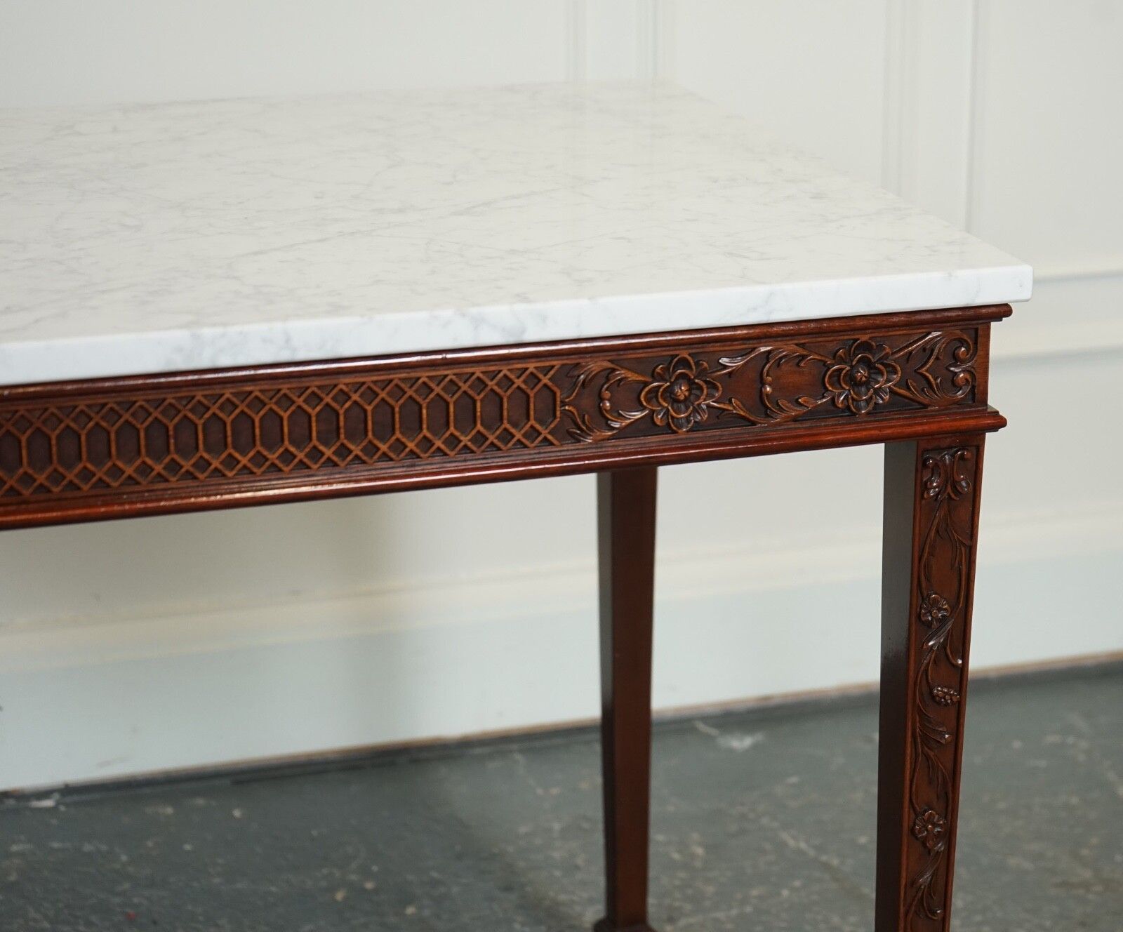 Pair Of Chippendale Style Console Tables With New White Carrara Marble Tops photo buy