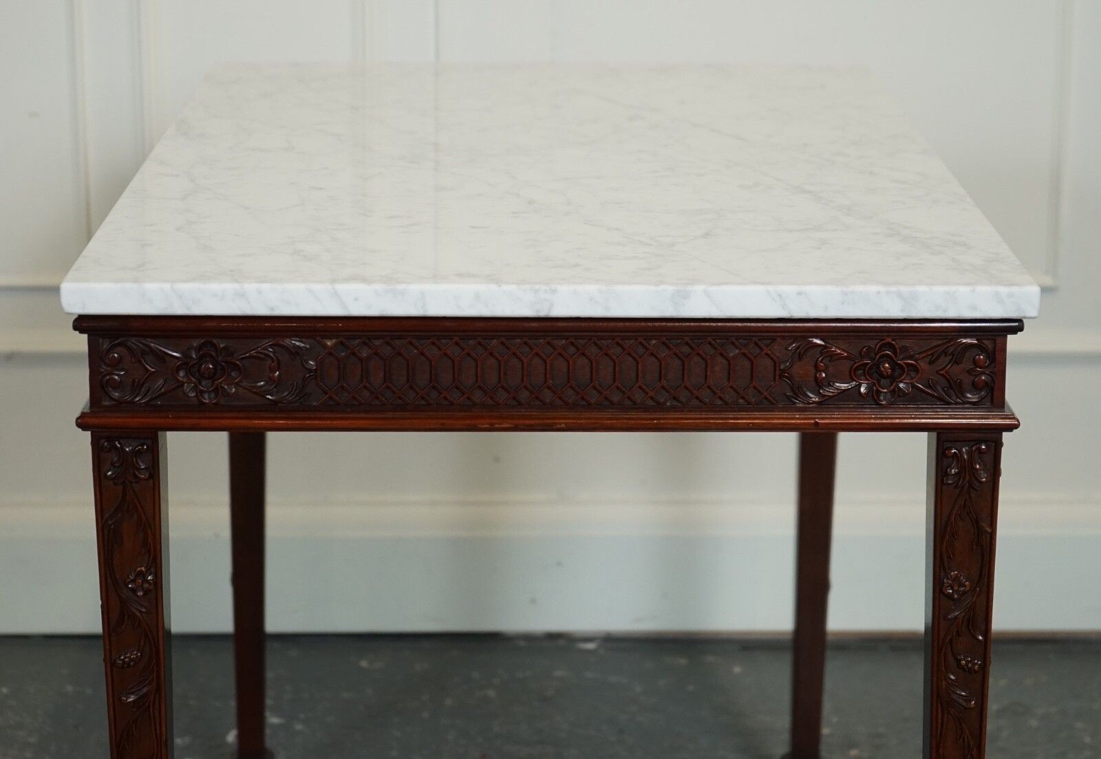Furniture Pair Of Chippendale Style Console Tables With New White Carrara Marble Tops photo