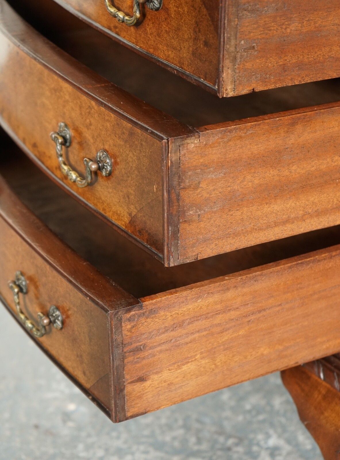 photo for sale Figured Victorian Walnut Bow Fronted Chest Of Drawers Raised On Queen Anne Legs
