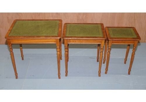 Nest Of Three Yew Wood Green Leather Top & Gold Leaf Embossed Side Tables photo buy