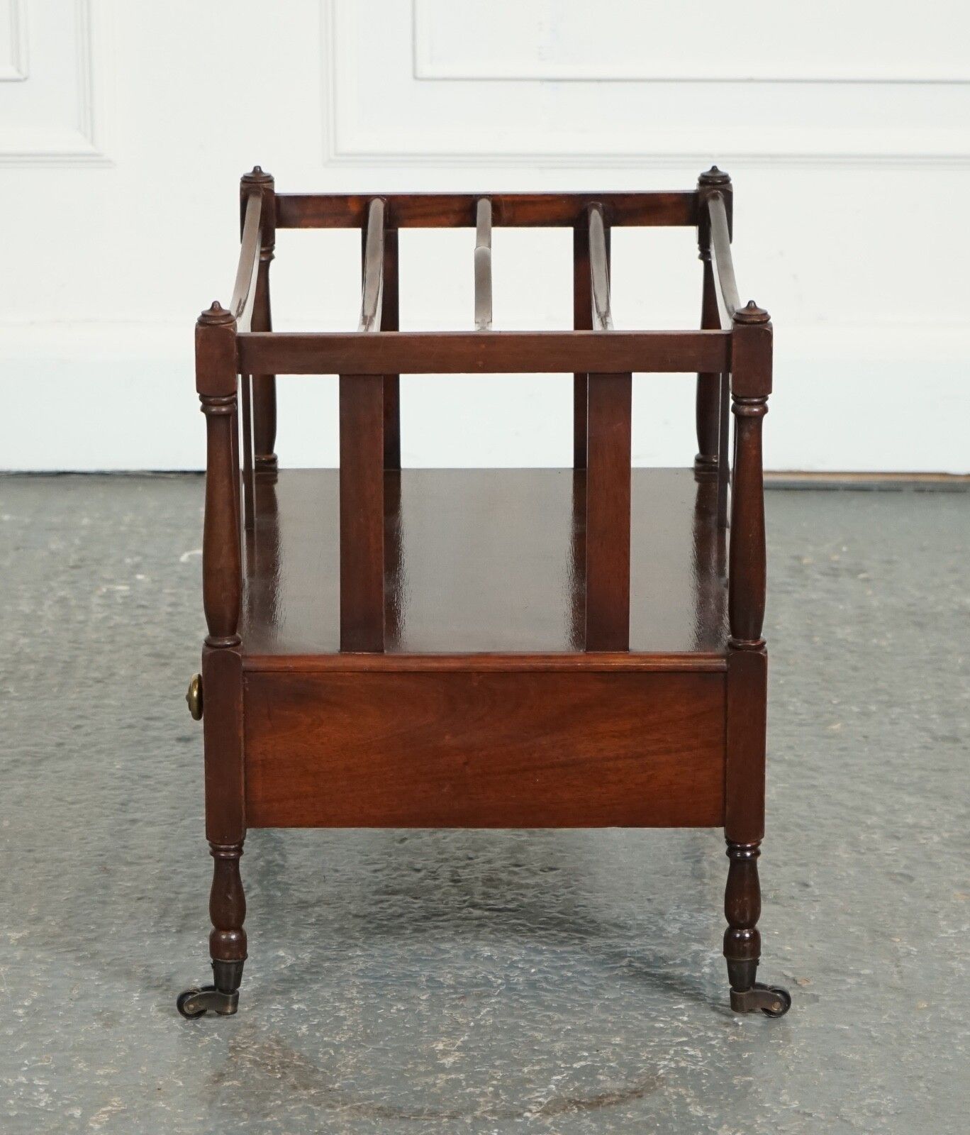 photo for sale Vintage Mahogany Canterbury Newspaper Rack With Brass Handles