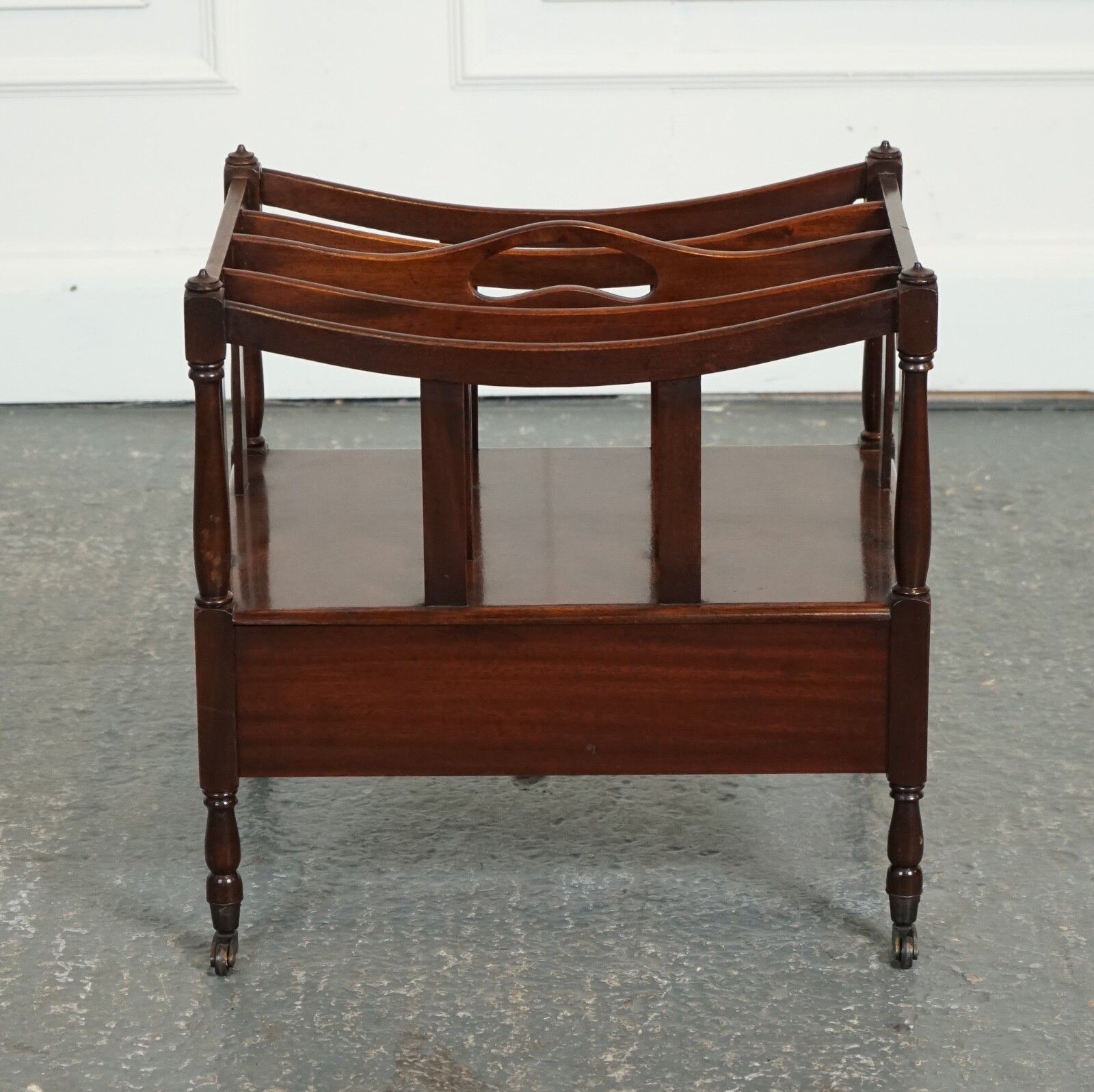 750.0 Vintage Mahogany Canterbury Newspaper Rack With Brass Handles photo