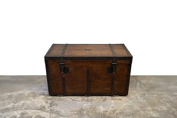 Chest In Walnut With Iron Reinforcements And Carrying Handles From Metzger, Italy, Early 1900s photo for sale