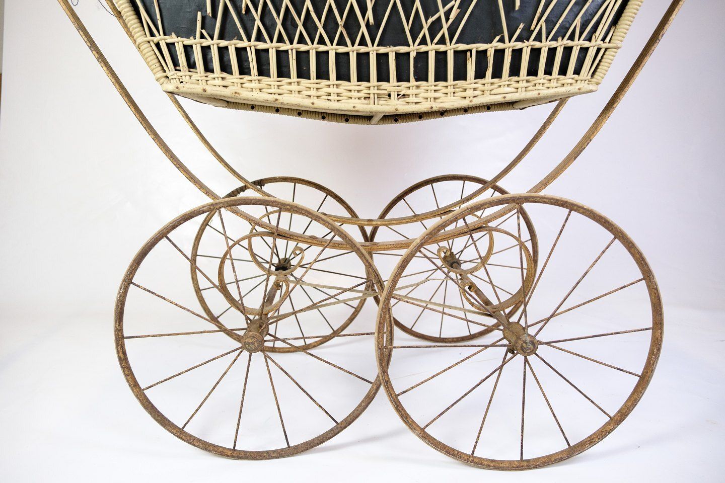 Antique Baby Stroller Wicker Basket & Original Black Canopy In Metal Frame From 1900s photo vintage