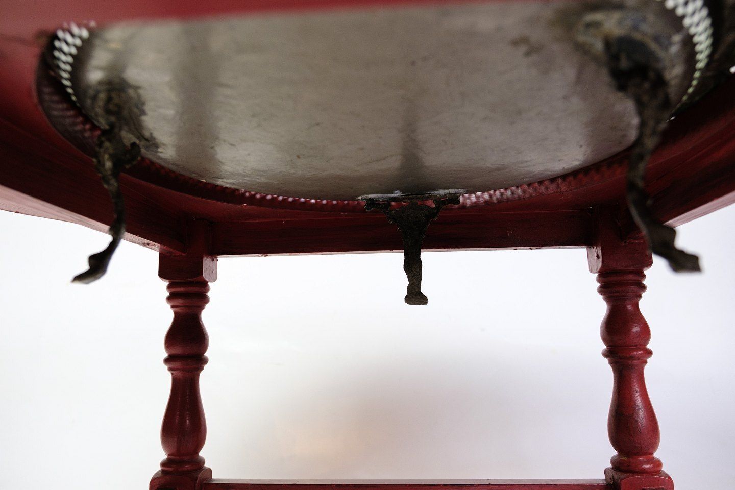 Antique Round Red Painted Coffee Table With Built In Brass Tray   Painted Wood & Brass   Chinese Style   1890s photo buy