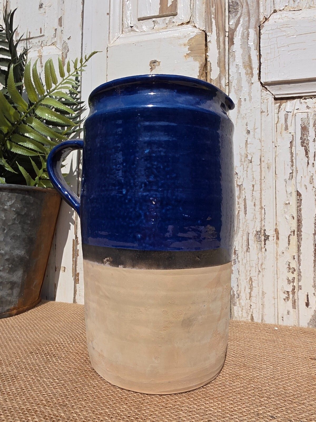 Rustic Hand Made Blue Glazed Clay Terracotta French Style Confit Pot photo Home Decor