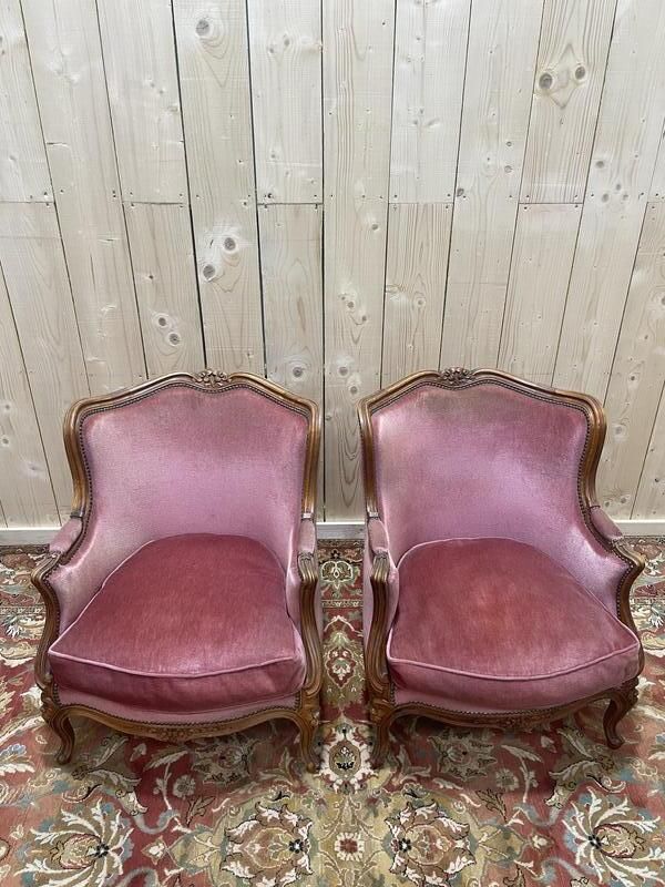 Paire De Fauteuils   Bergères De Style Louis XV En Velours Rose photo Furniture