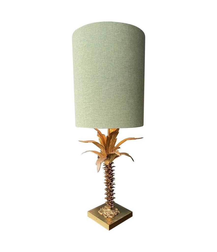 A Lovely Large French 1950s Palm Tree Lamp With Two Fittings And Bespoke Green Linen Shade