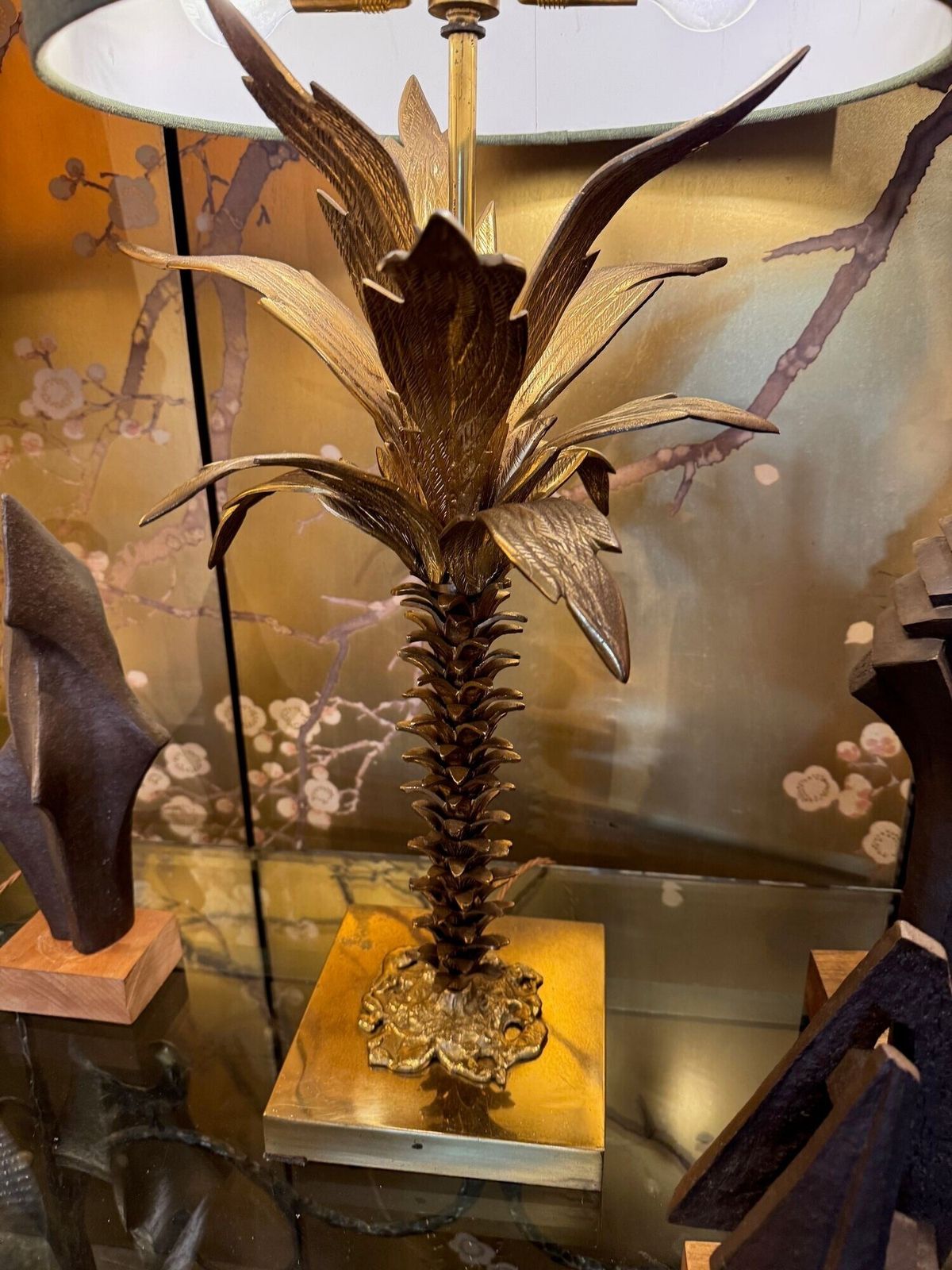 A Lovely Large French 1950s Palm Tree Lamp With Two Fittings And Bespoke Green Linen Shade photo Lighting