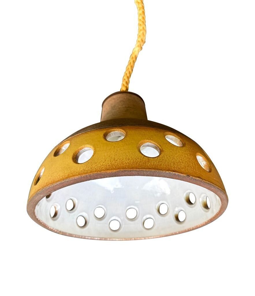 A Set Of Three 1960s French Glazed Ceramic Ceiling Lights Suspended From Thick Knotted Rope photo vinterior