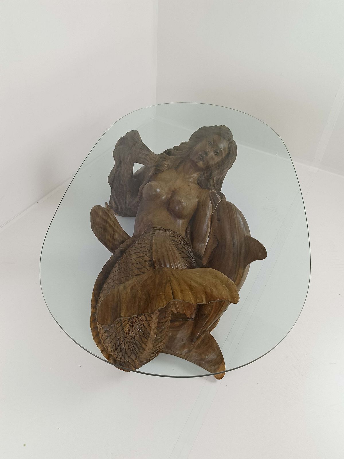 Wooden Mermaid Coffee Table With Glass Top photo 1440.0