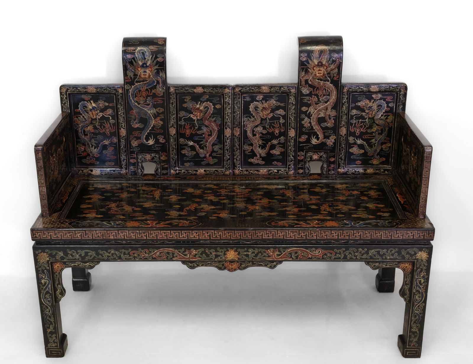 Stunning Pair Of Early 20th Century Chinese Black Lacquer Gilt & Polychrome Painted Bench Seats photo 4370.0