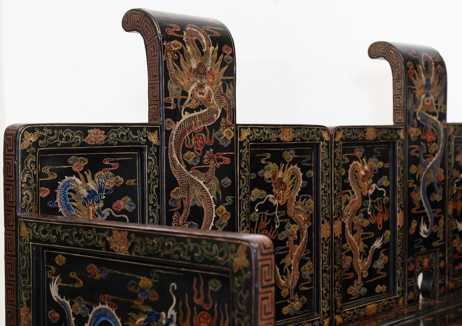 4370.0 Stunning Pair Of Early 20th Century Chinese Black Lacquer Gilt & Polychrome Painted Bench Seats photo
