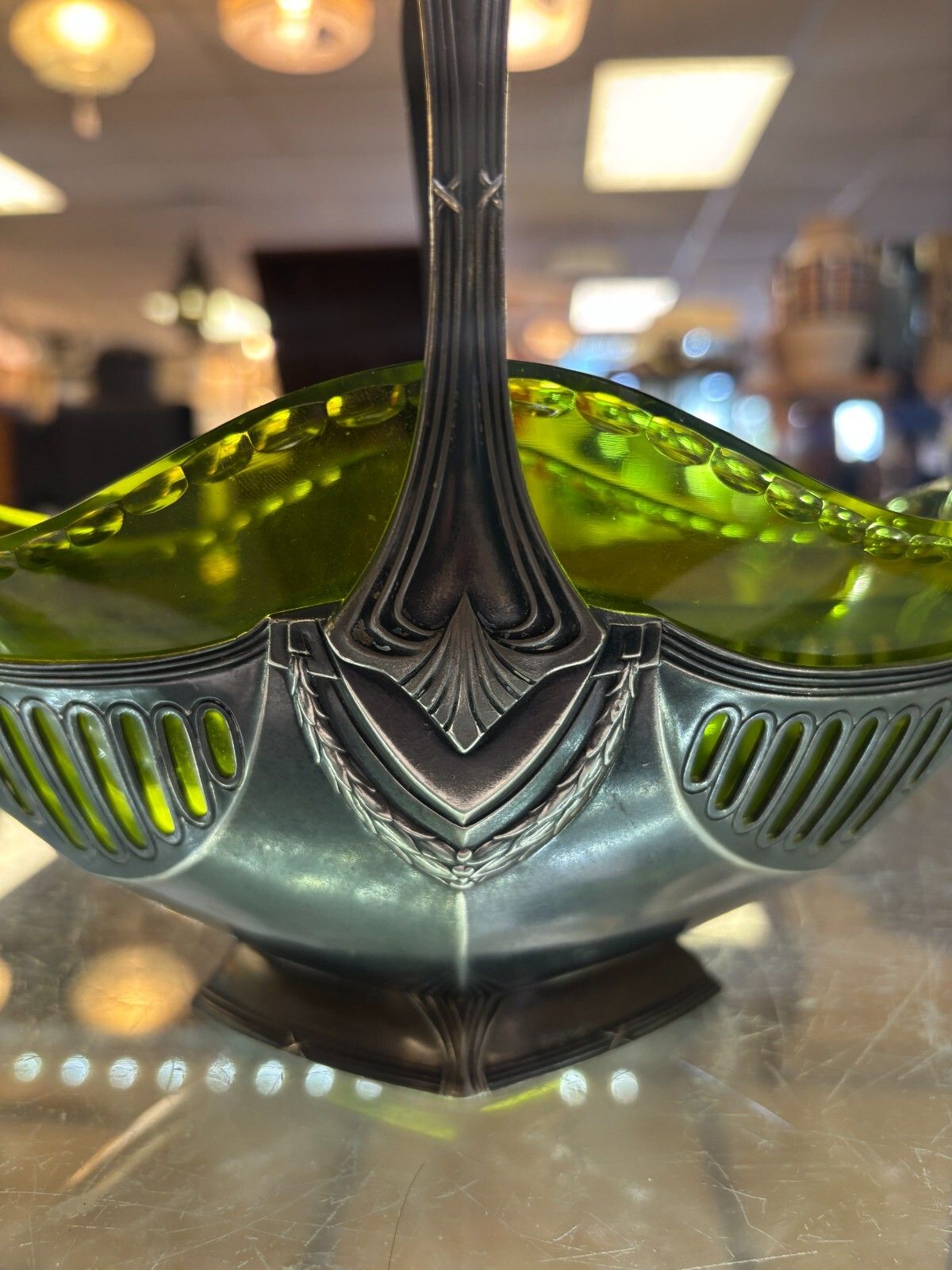 Art Nouveau Wmf Silver Plated Basket Centre Piece With Green Glass Liner photo for sale