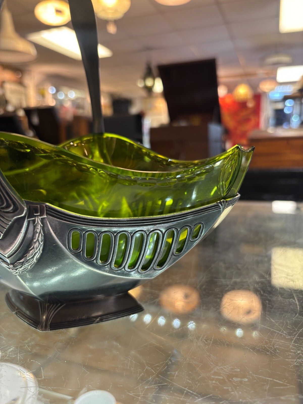 Art Nouveau Wmf Silver Plated Basket Centre Piece With Green Glass Liner photo Home Decor
