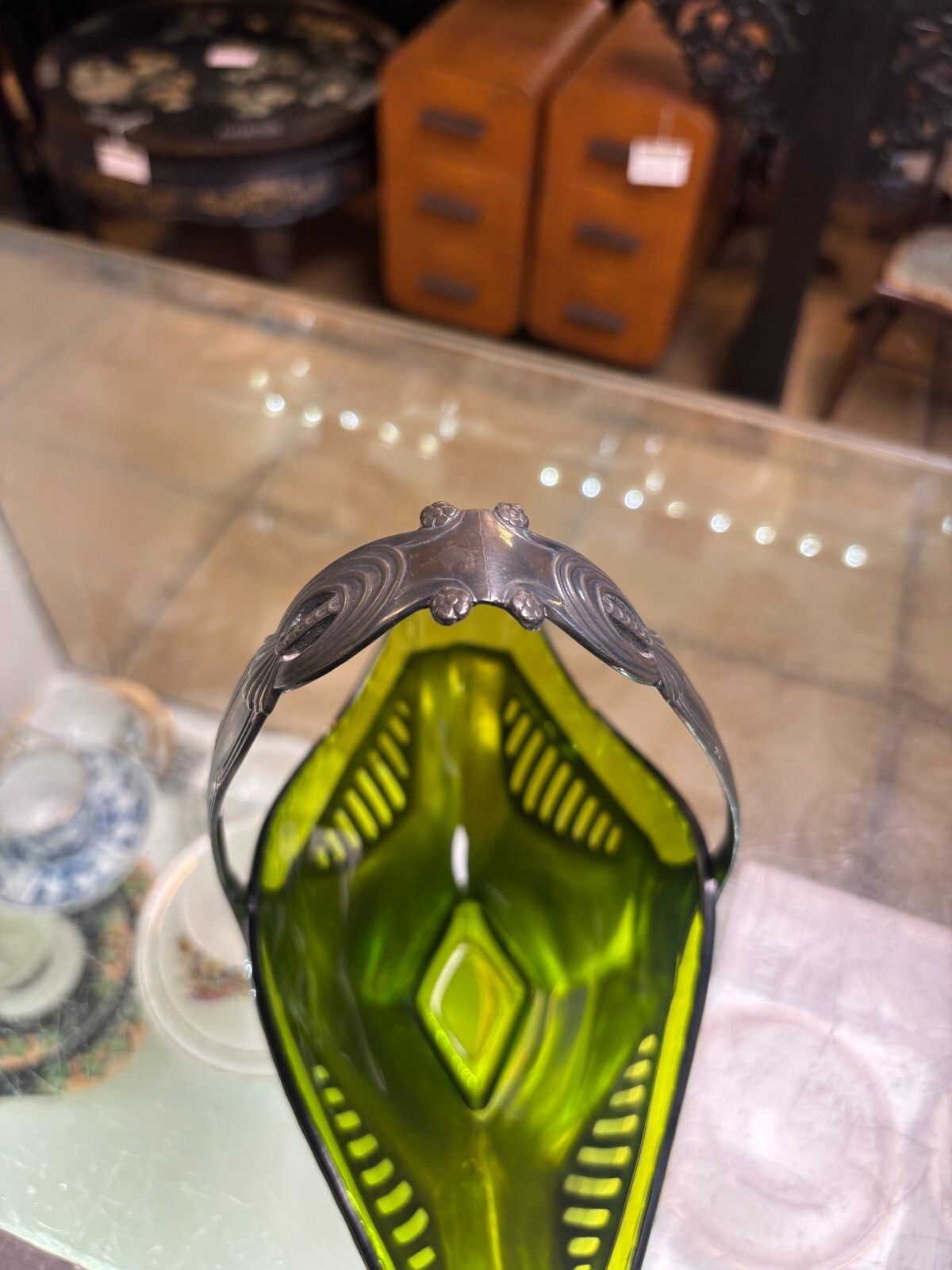 Home Decor Art Nouveau Wmf Silver Plated Basket Centre Piece With Green Glass Liner photo