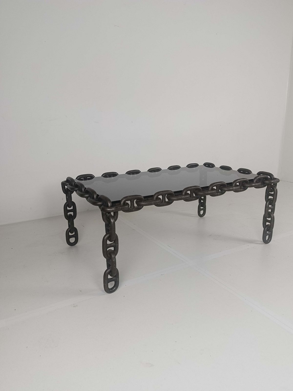 Vintage Brutalist Black Iron Chain Link Coffee Table With Original Smoked Glass, 70s photo 1466.0