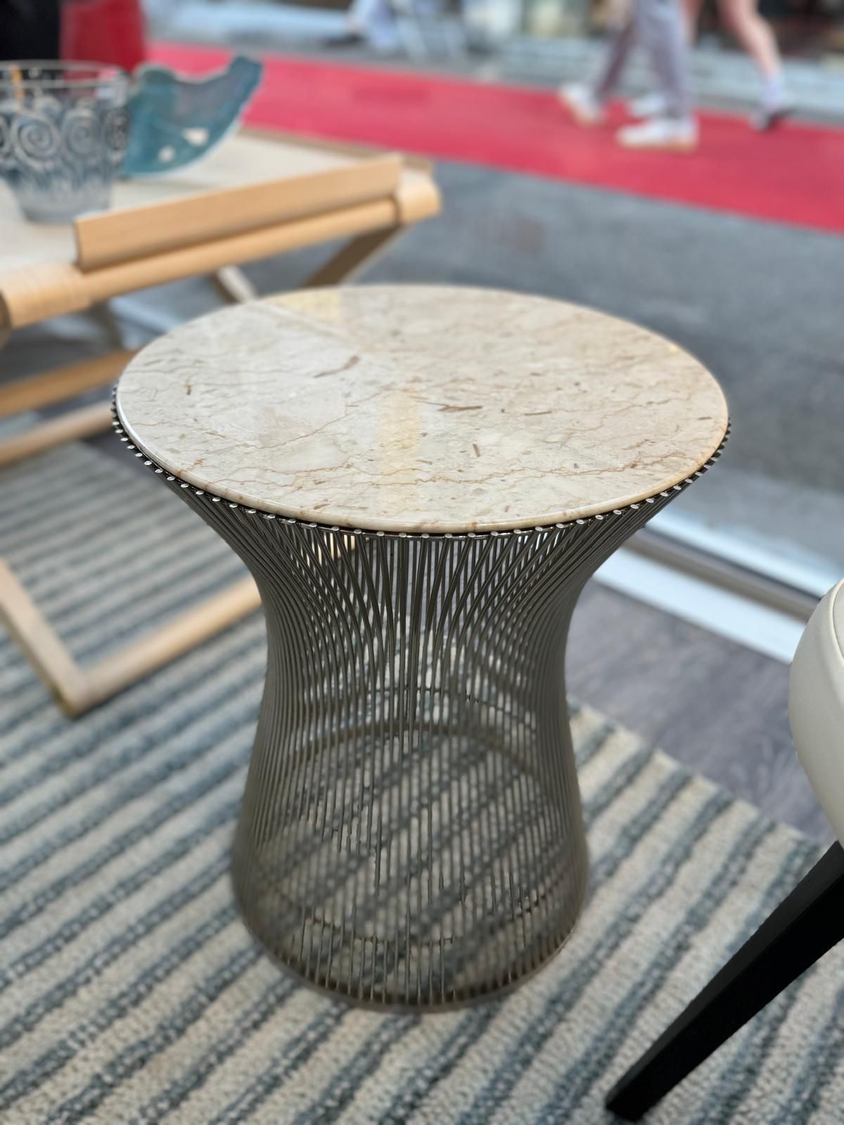Knoll& Waren Platner, Pair Of Steel Side Tables, Beige Veined White Marble Top photo for sale