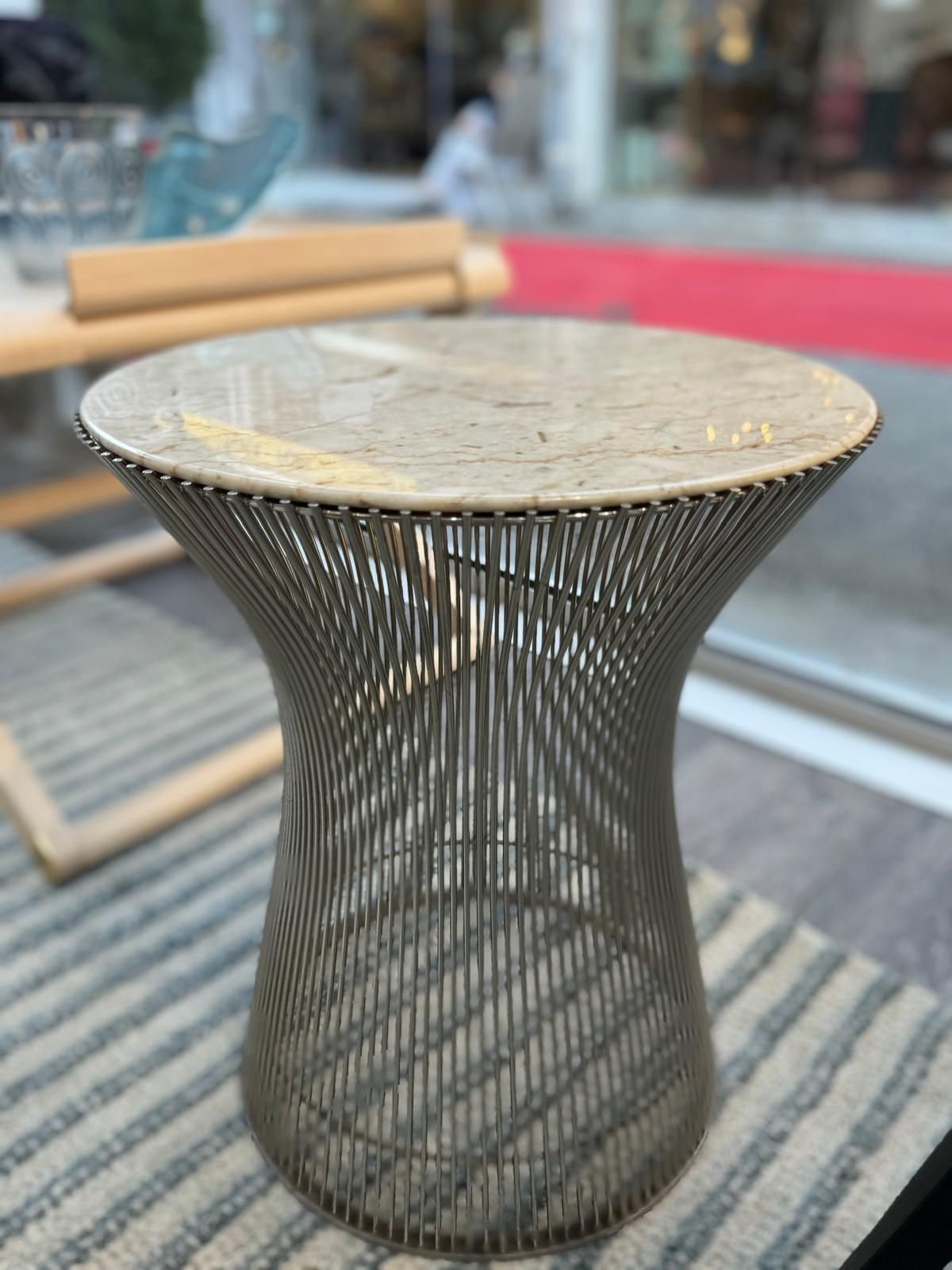 Knoll& Waren Platner, Pair Of Steel Side Tables, Beige Veined White Marble Top photo Furniture