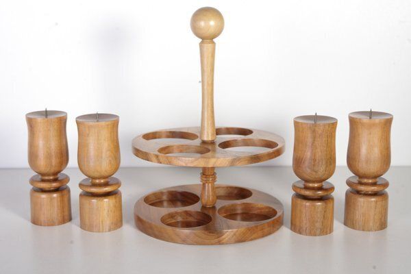 Portable Walnut Wood Candleholders, Czechoslovakia, 1980s, Set Of 5