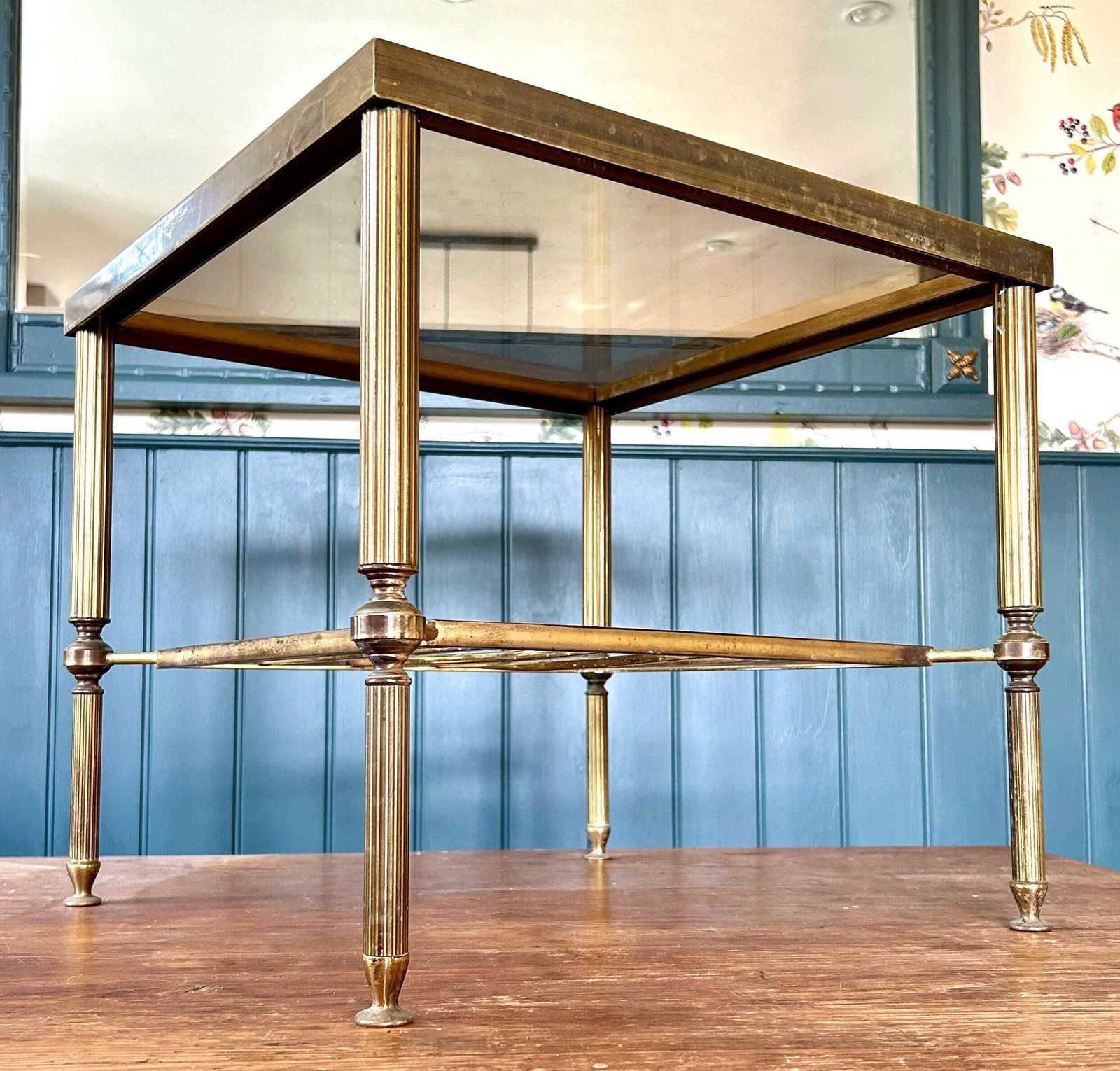 French Empire Mid Century Brass Side Coffee Table Vintage Antique Industrial Retro Occasional Glass Regency